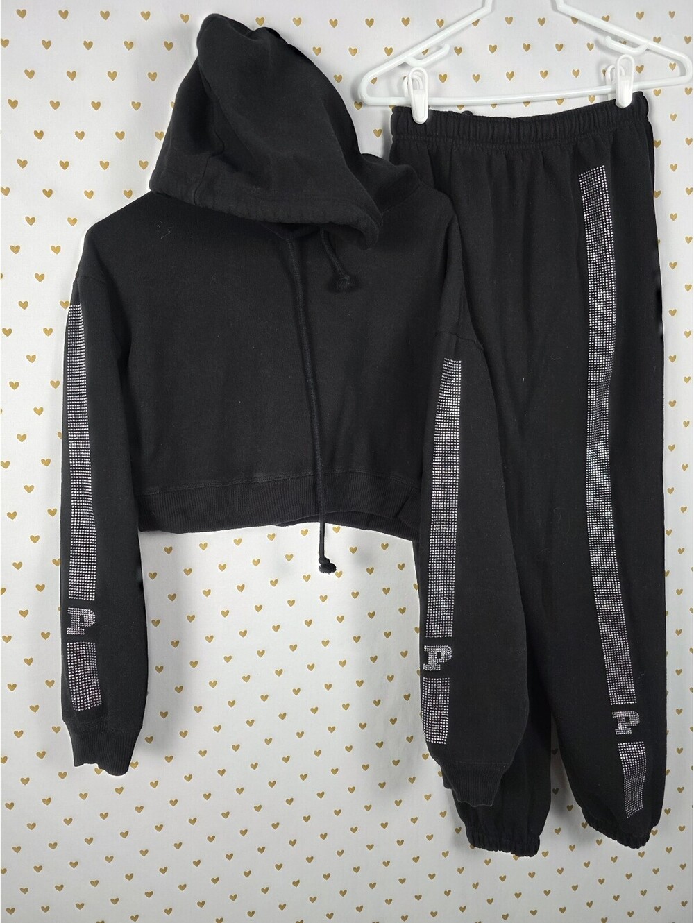 Victoria's Secret PINK Black Rhinestone Stripe Hoodie Jogger Set XS Bling